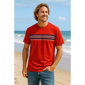 Profile‎ Varsity Striped Short Sleeve Crew Neck Red Cotton Men's Size Large